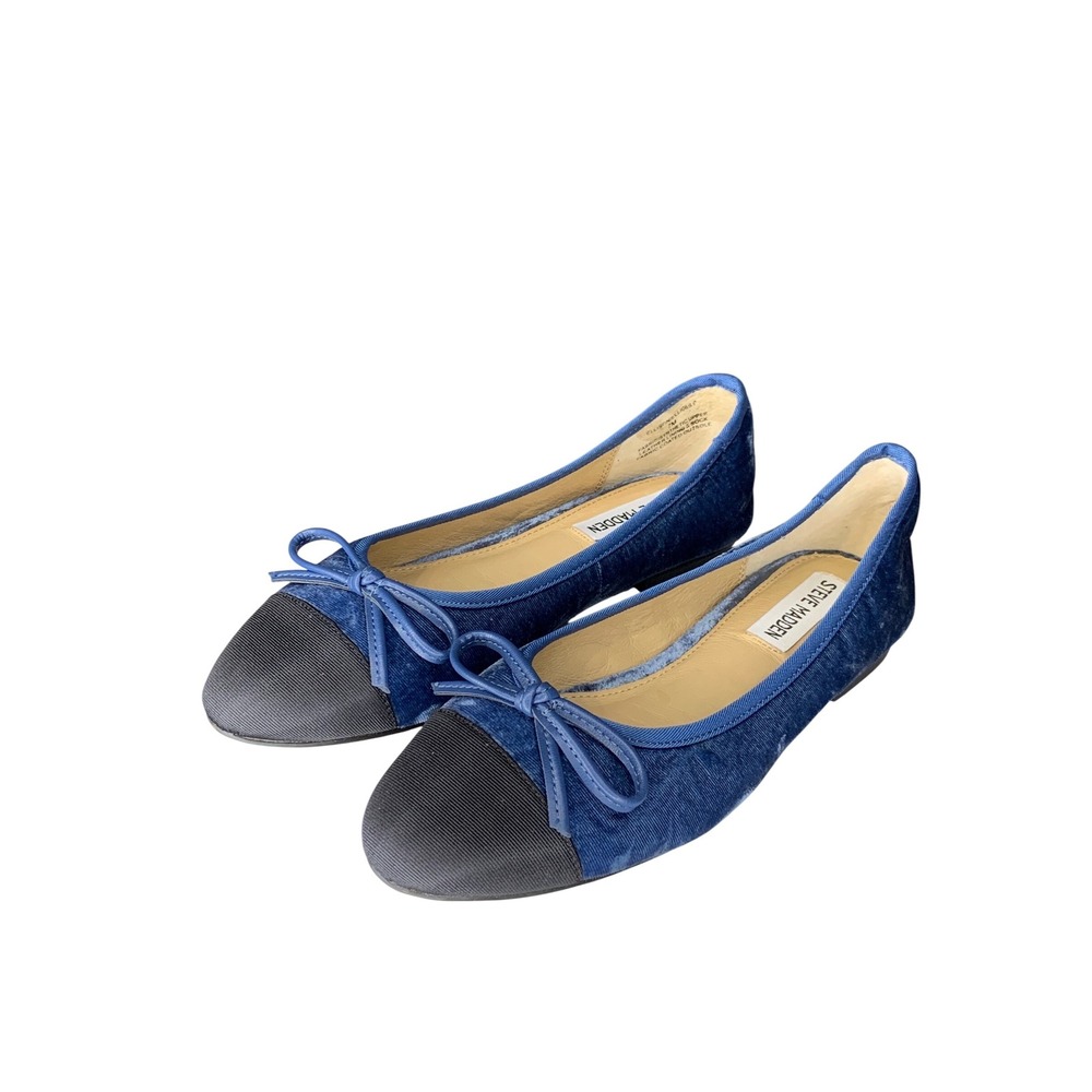 Steve Madden Ellison Blue Velvet Ballet Flats Bow Accent Cap Toe Shoes. Size 7